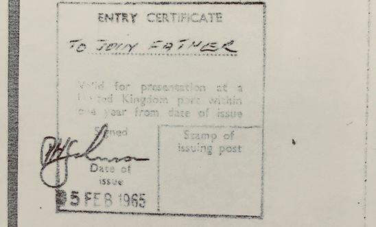 Stamp of entry for a child joining their father in the UK in 1965 (with no limit on entry or stay) Stamp of entry for a child joining their father in the UK in 1965 (with no limit on entry or stay)